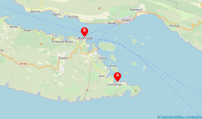 Map of ferry route between Lumbarda and Korcula